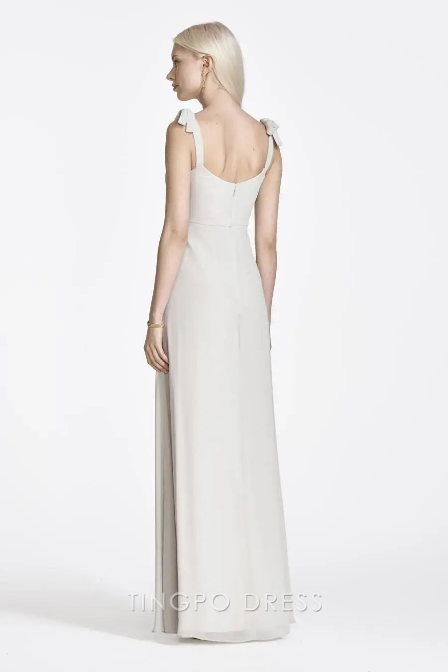 TingPo Wholesale Simple Light Grey Square Neck Dress - Bow Strap Sleeveless Midi Evening Gown